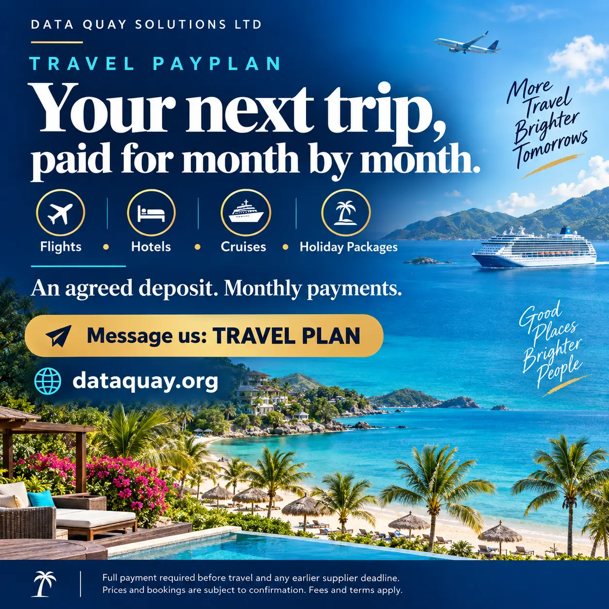 Data Quay Travel PayPlan — flights, hotels, cruises and holiday packages paid monthly